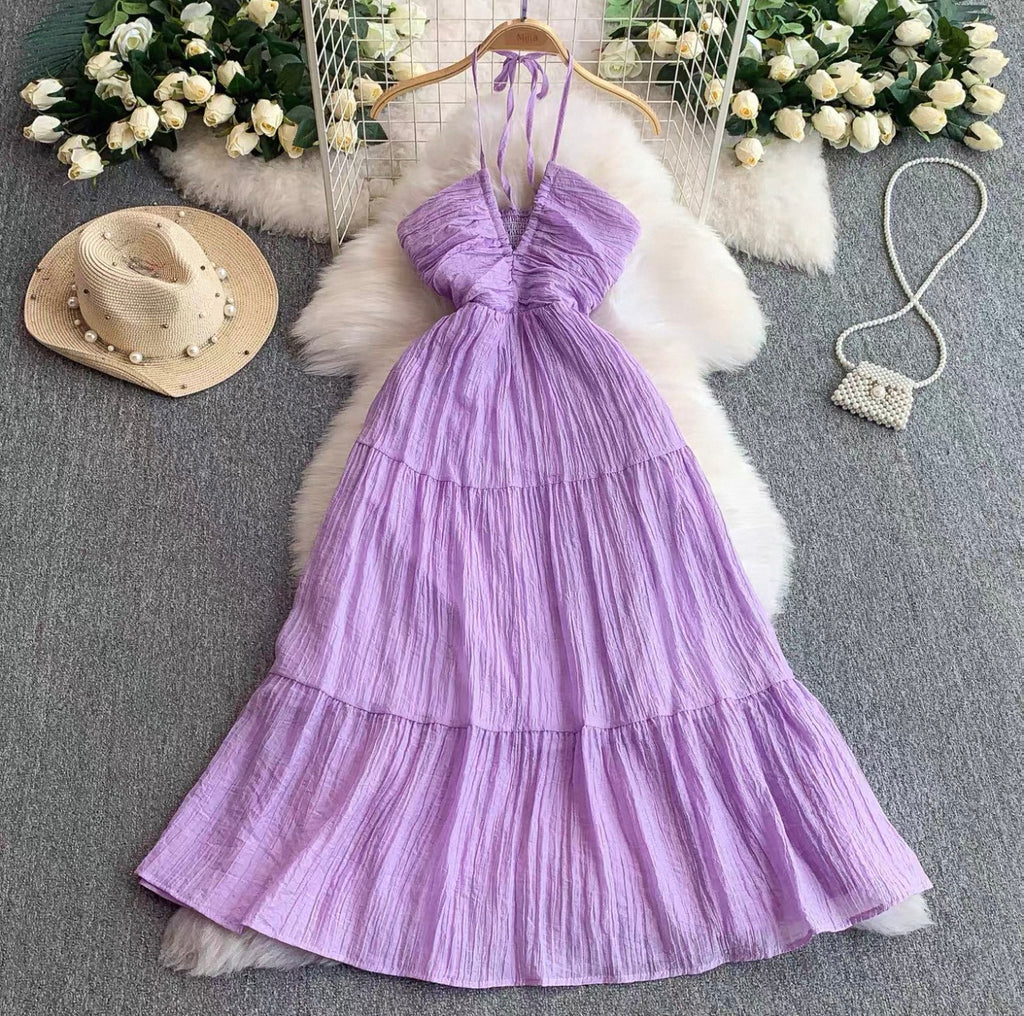 Women's Halter Tiered Maxi Dress Canada | Pleated Summer Dresses