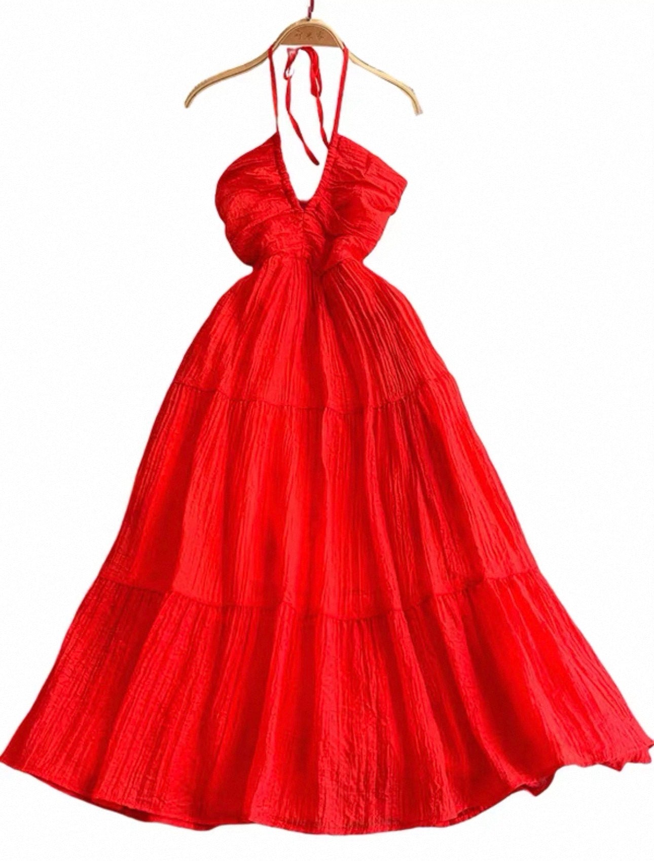 Women's Halter Tiered Maxi Dress Canada | Pleated Summer Dresses