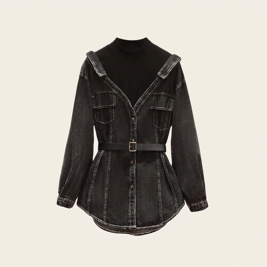 Women's Denim Mock Neck Belted Shirt Jacket | Canada