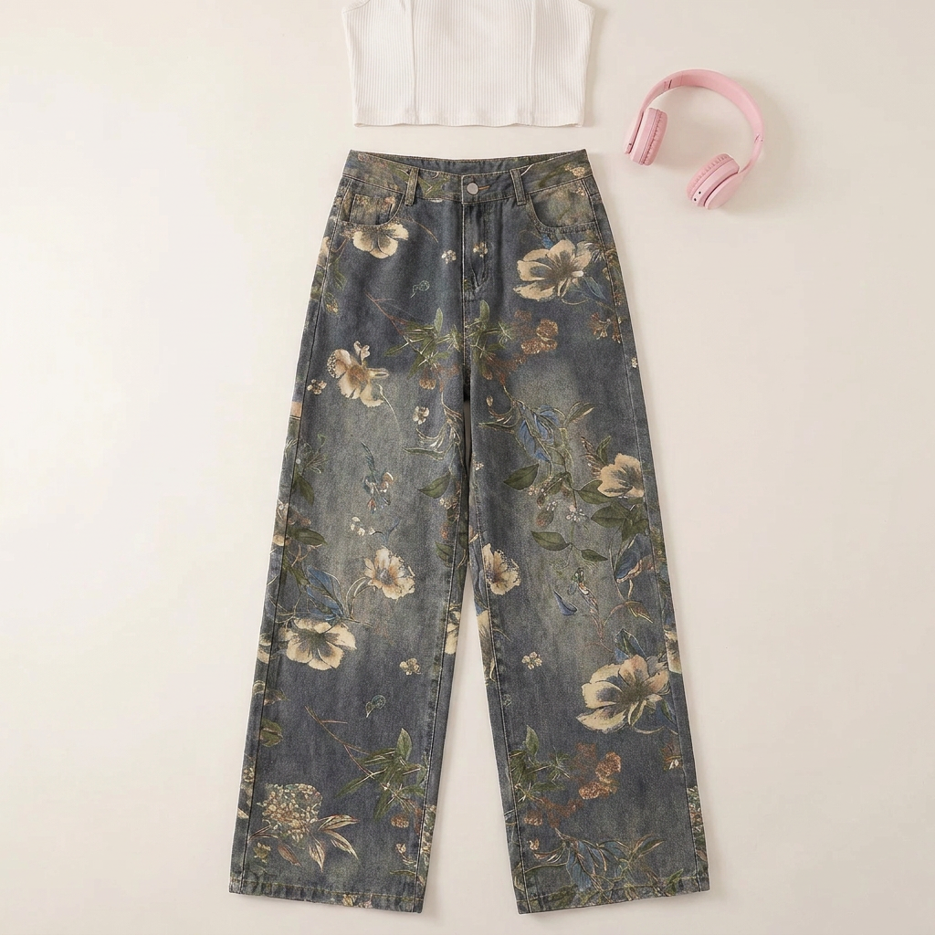 Jeans larges fleuris pour femme Canada | Jean imprimé taille haute