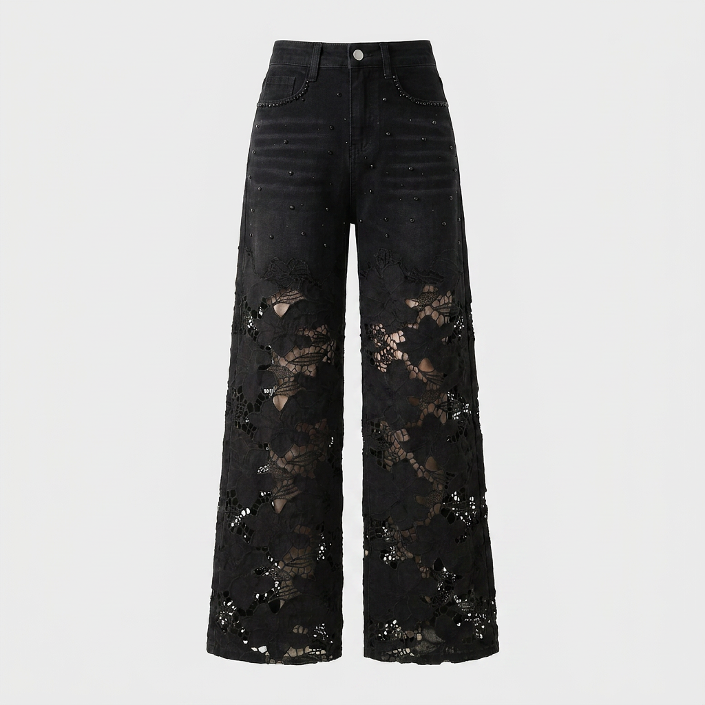 Jean Noir en Dentelle Ample Femme Canada | Denim Taille Haute