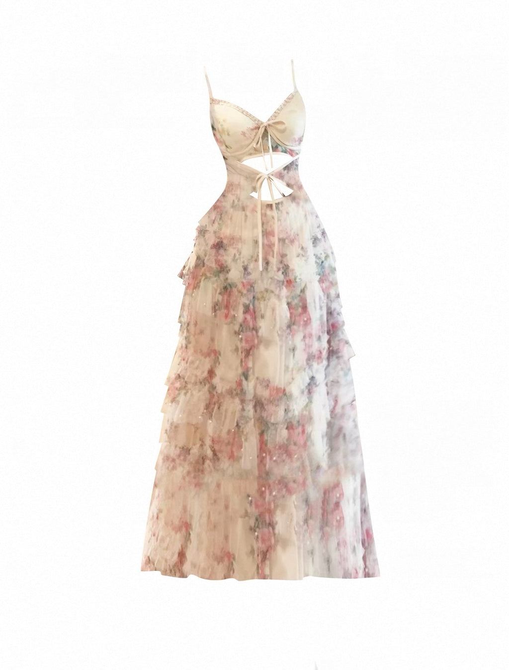 French-Style Lace-Up Hollow-Out Slip Dress for Women, Elegant Heavy-Duty Floral Vacation Dress