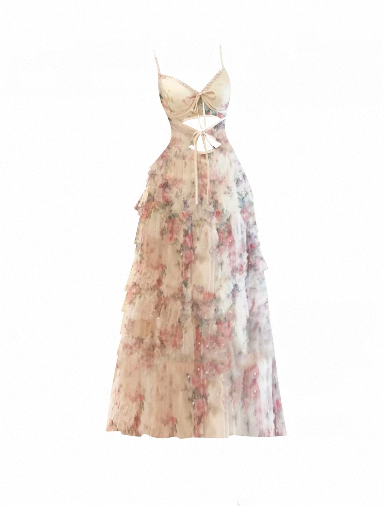 French-Style Lace-Up Hollow-Out Slip Dress for Women, Elegant Heavy-Duty Floral Vacation Dress