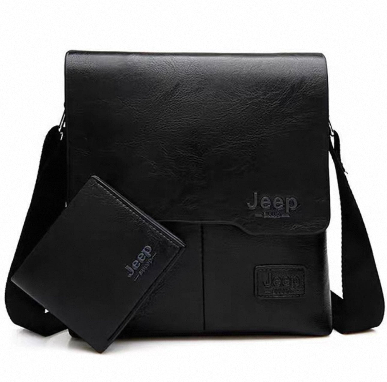 Black leather Jeep bag and wallet set on a white background