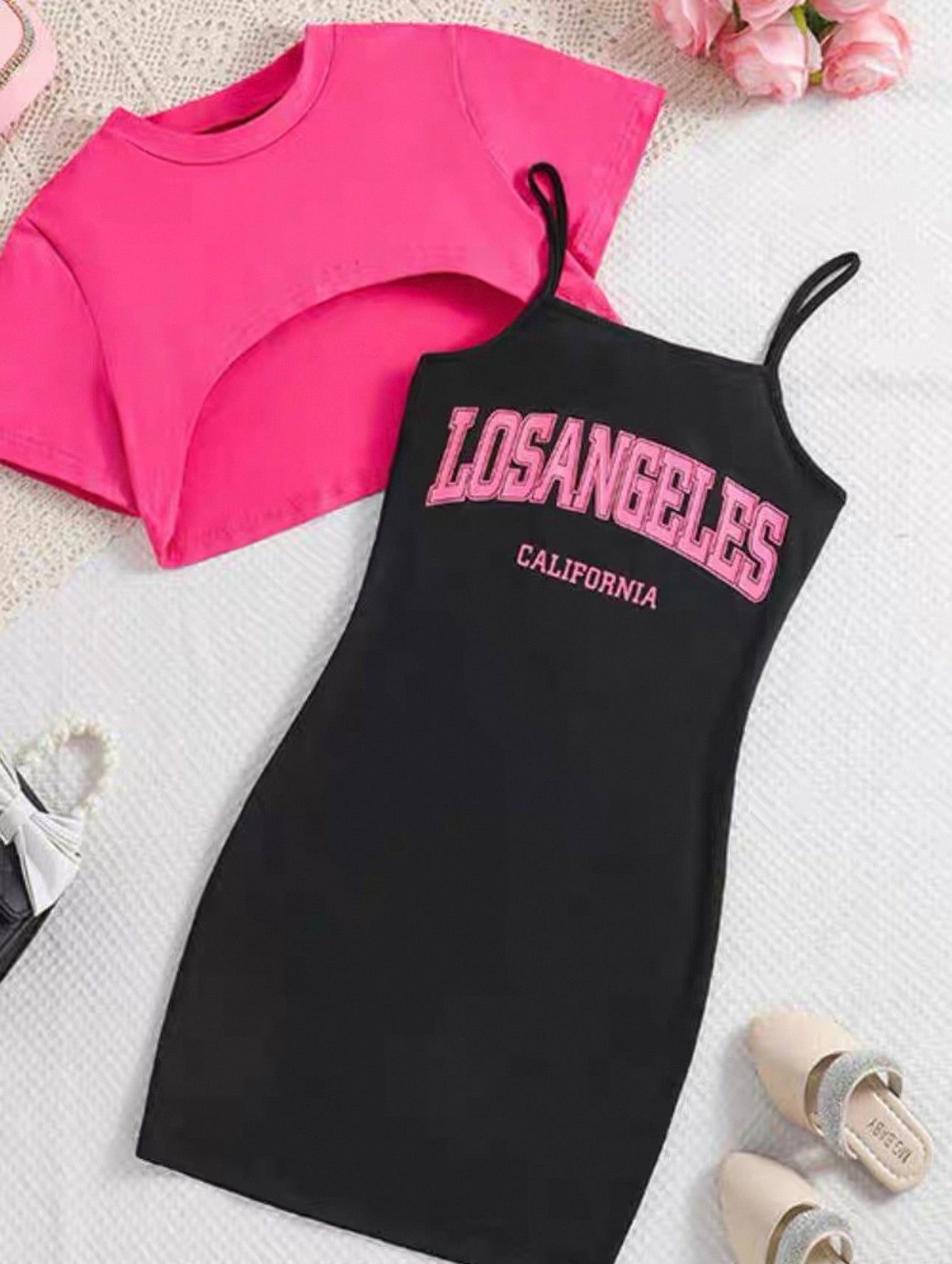 Black tank top with 'Los Angeles California' text on a white background