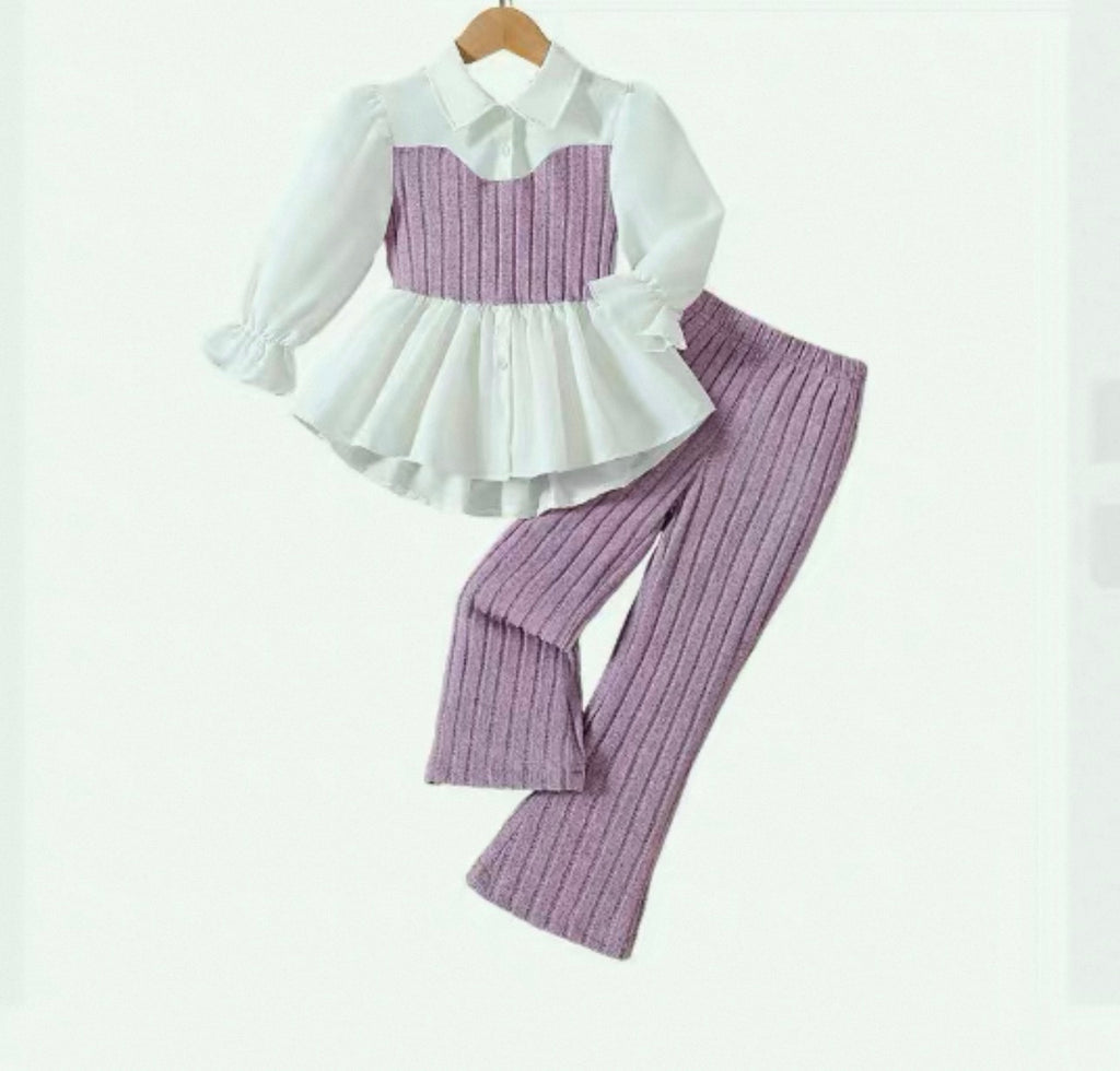 White blouse with ruffled collar and purple checkered pants on a white background