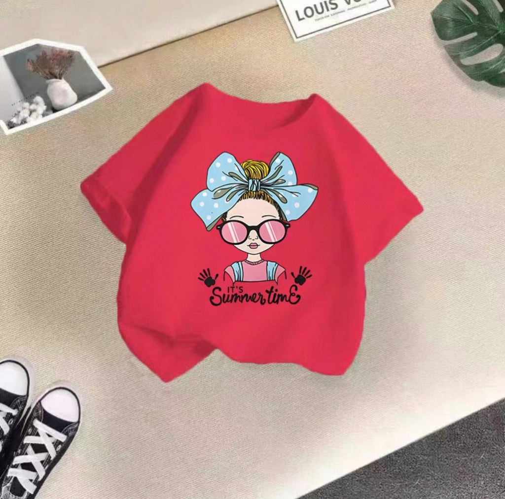 Red sweatshirt with a cartoon character and 'it's Summertime' text on a beige surface.