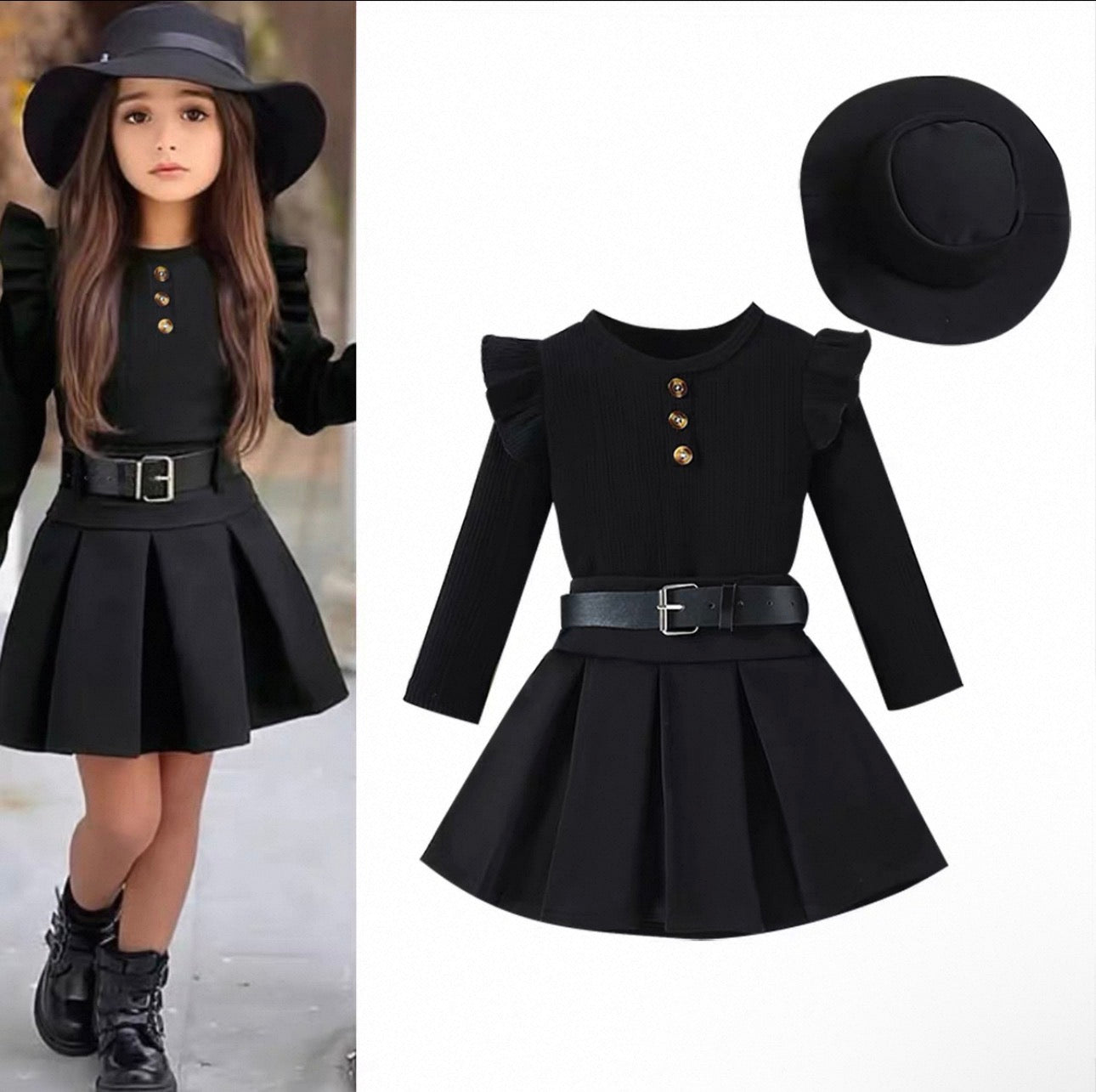Black dress with ruffled sleeves and a hat on a white background