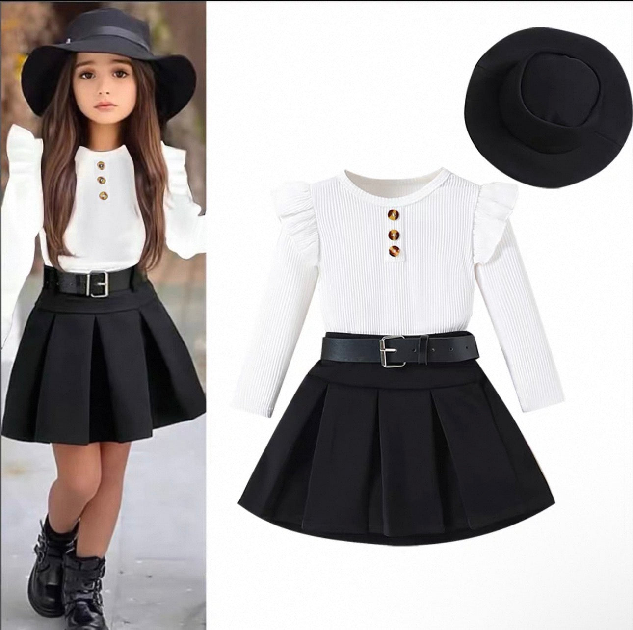 Black hat, white blouse with ruffled sleeves, and black pleated skirt on a white background