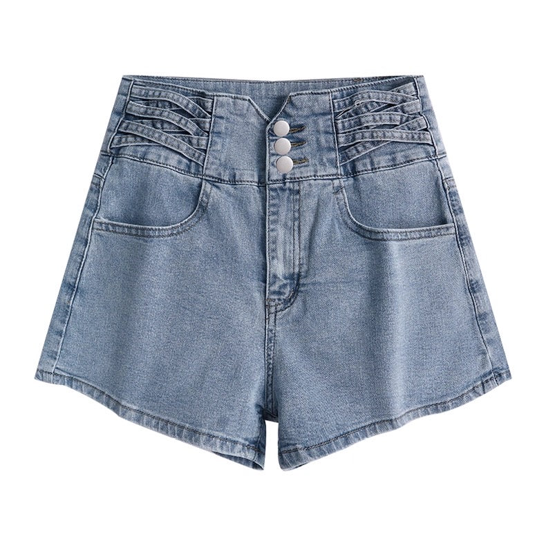 Blue denim shorts on a white background