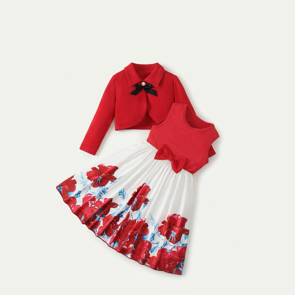 Girls Red Floral Pleated Skirt Set with Cardigan | Canada