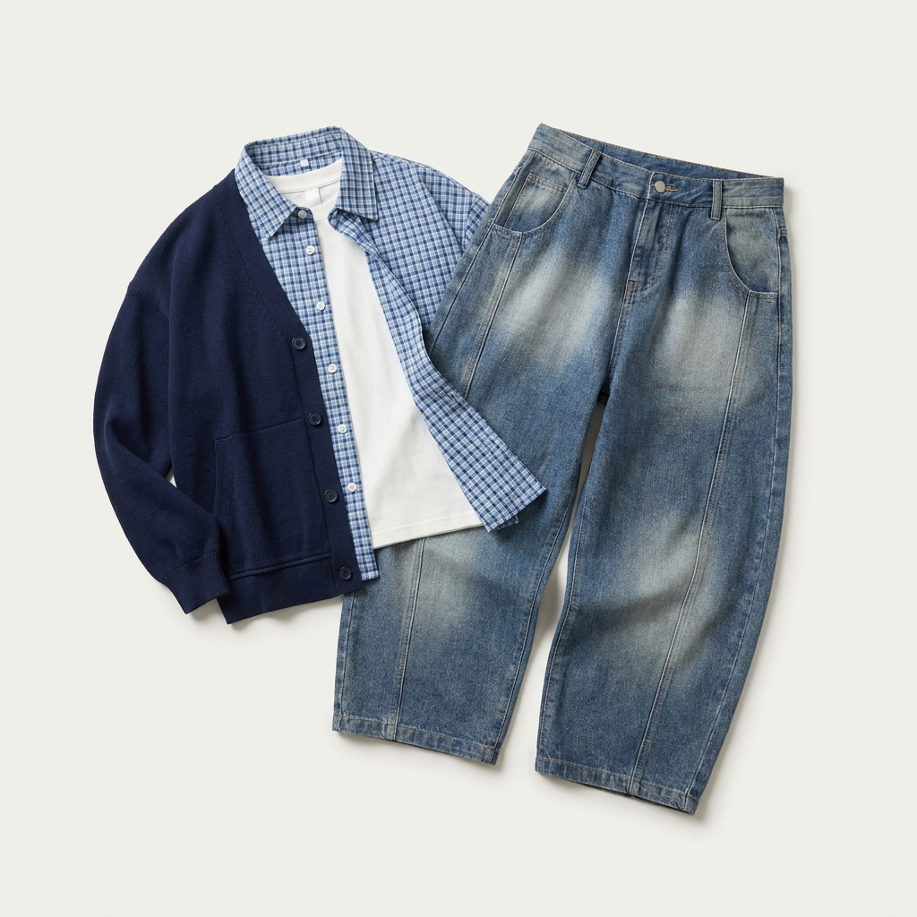 Boys Oversized Denim Jeans & Checkered Shirt Set Canada