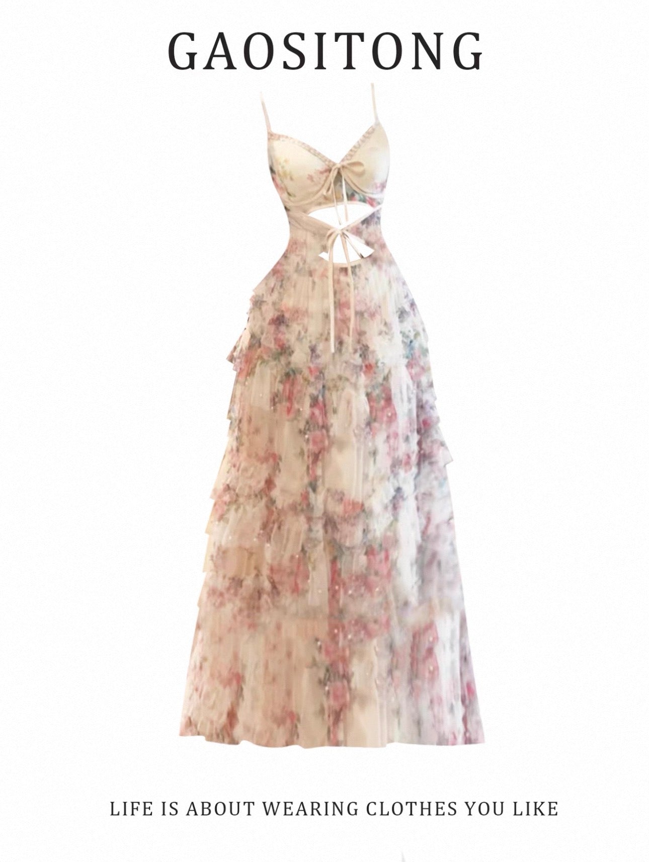 Lace-Up Hollow-Out Slip Dress for Women, Elegant Heavy-Duty Floral Vacation Dress