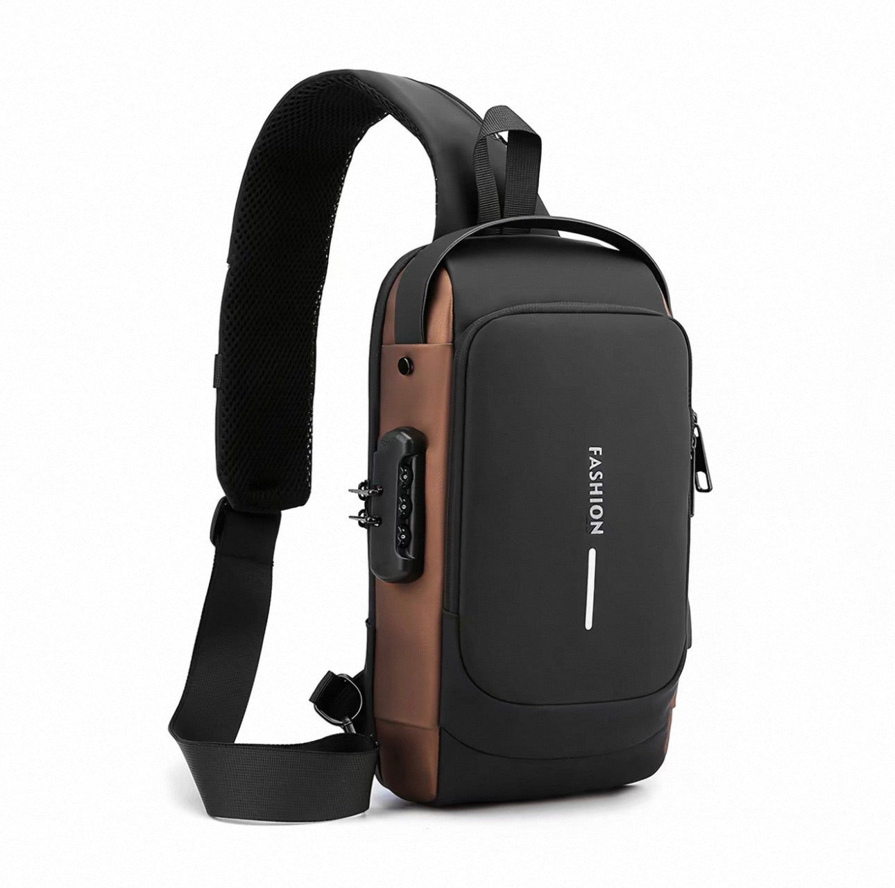 Black and brown sling bag with USB port on a white background