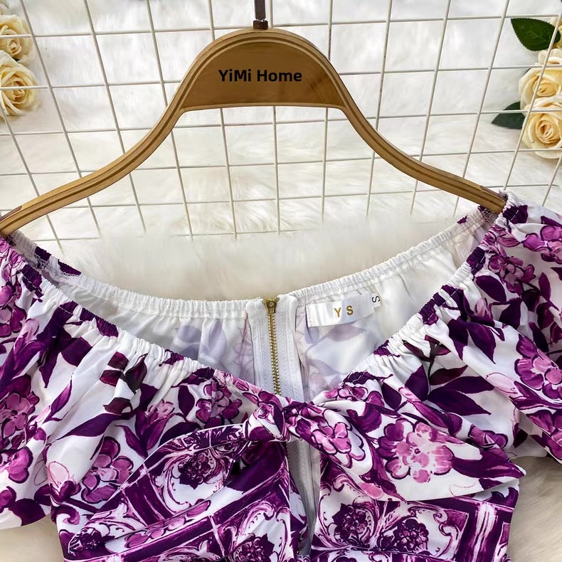 Purple and white floral dress on a hanger with 'YiMi Home' branding.