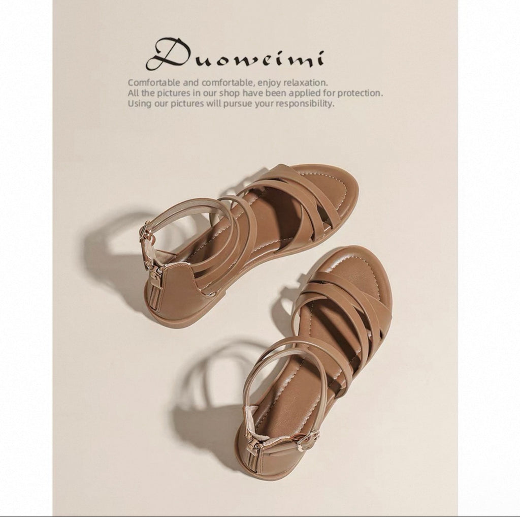 Pair of beige sandals on a light beige background with 'Duowei' brand name.