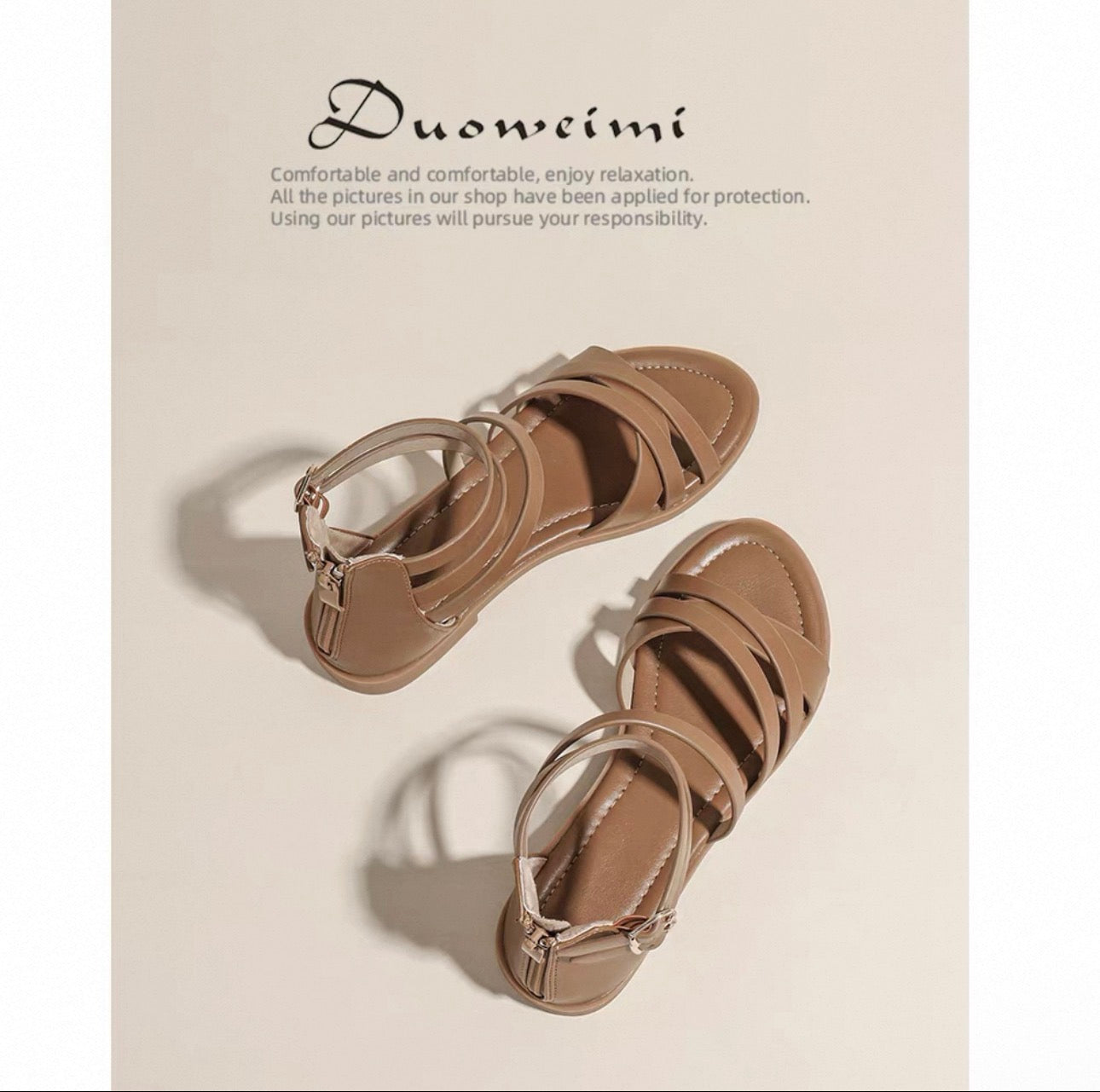 Pair of beige sandals on a light beige background with 'Duowei' brand name.