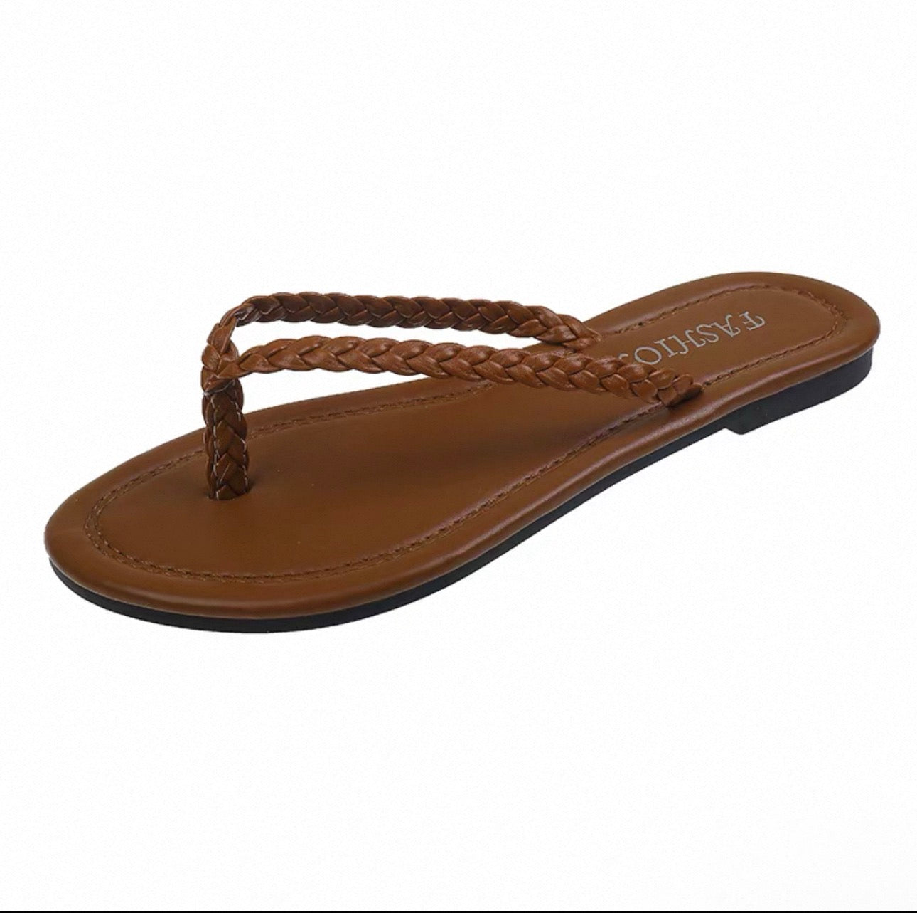 Brown sandal with braided design on a white background