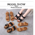 Two pairs of sandals, one brown and one black, on a gray floor with 'Model Show' text above.