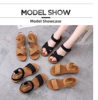 Two pairs of sandals, one brown and one black, on a gray floor with 'Model Show' text above.