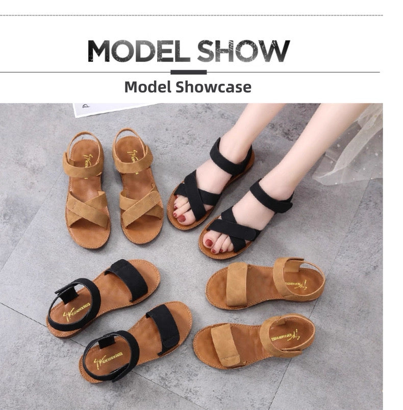 Two pairs of sandals, one brown and one black, on a gray floor with 'Model Show' text above.