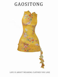 Stand Collar Sleeveless Printed Cheongsam Dress for Women Slim Fit Bodycon Ribbon Dress