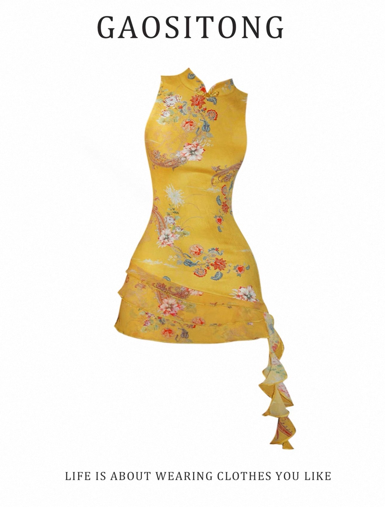 Stand Collar Sleeveless Printed Cheongsam Dress for Women Slim Fit Bodycon Ribbon Dress