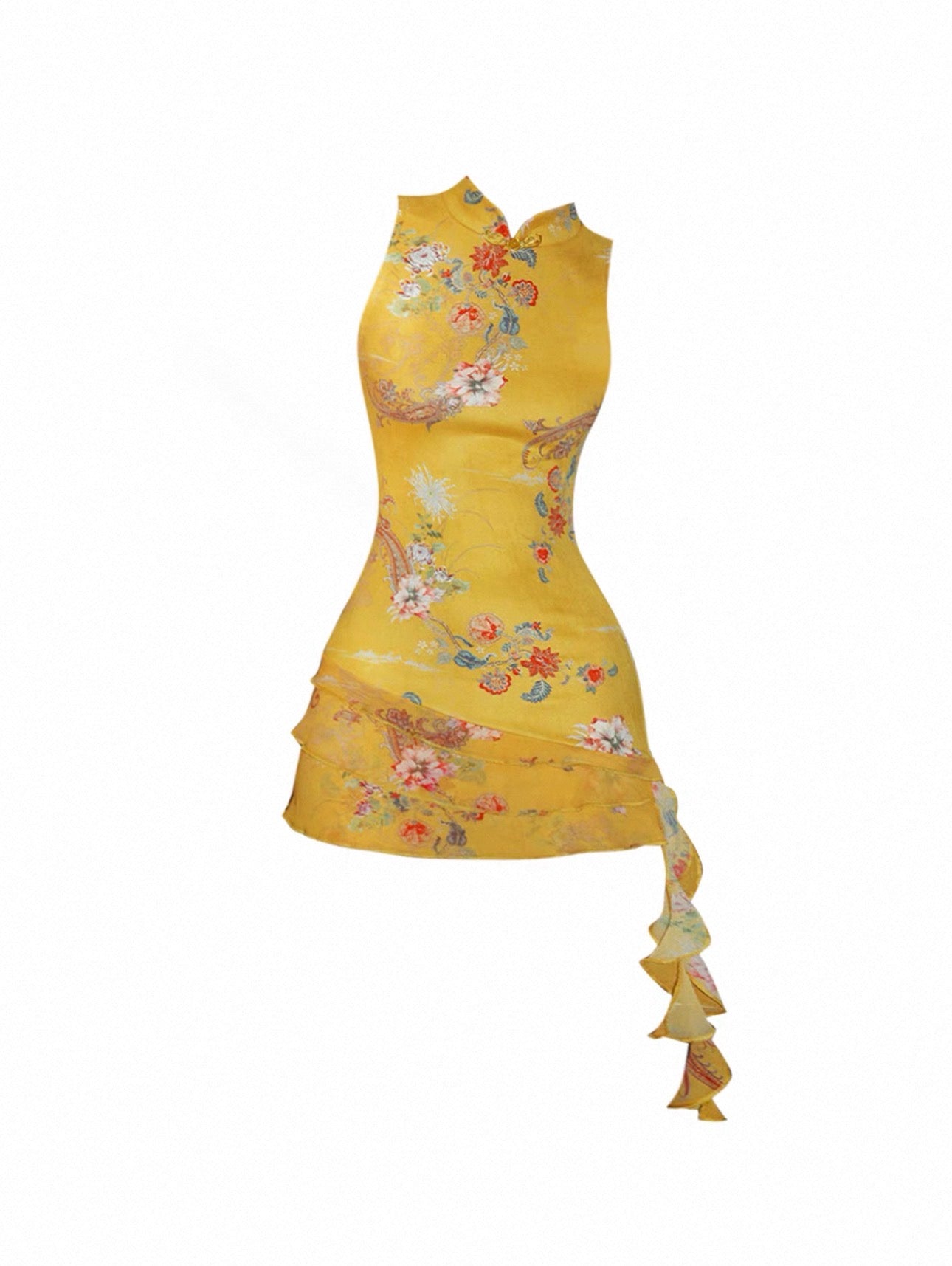 Stand Collar Sleeveless Printed Dress for Women Slim Fit Bodycon Ribbon Dress