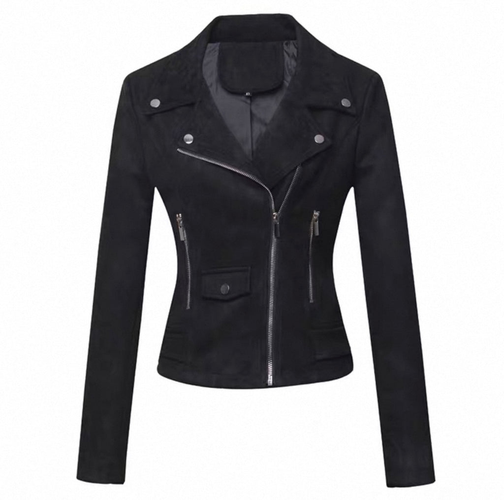 Black leather jacket with silver zippers on a white background