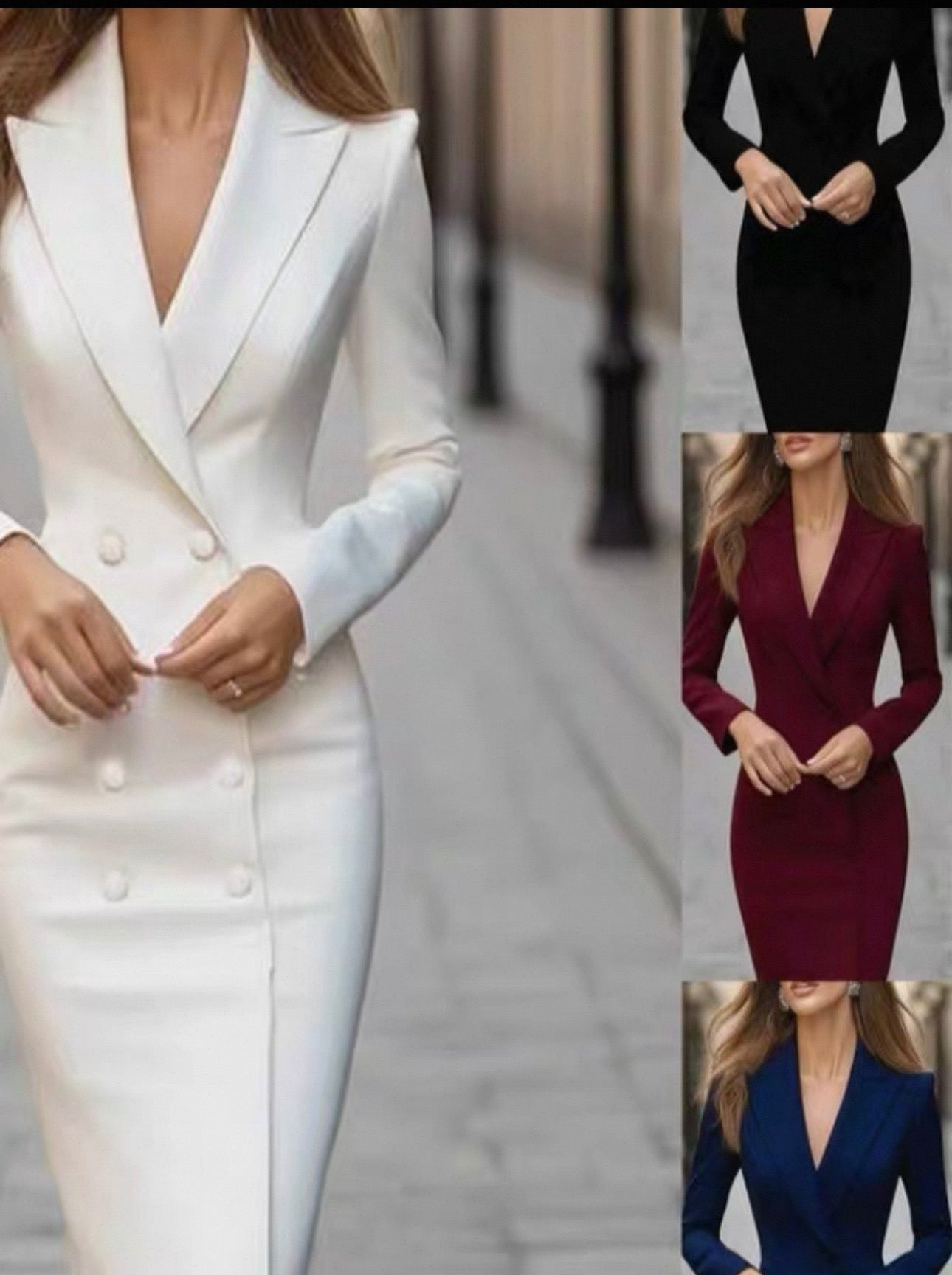 Four different views of a woman wearing a fitted blazer dress in various colors.