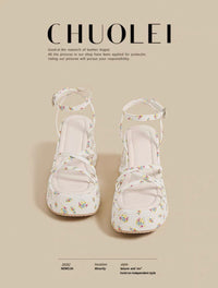 Pair of white floral sandals on a beige background with 'CHUOLEI' branding.