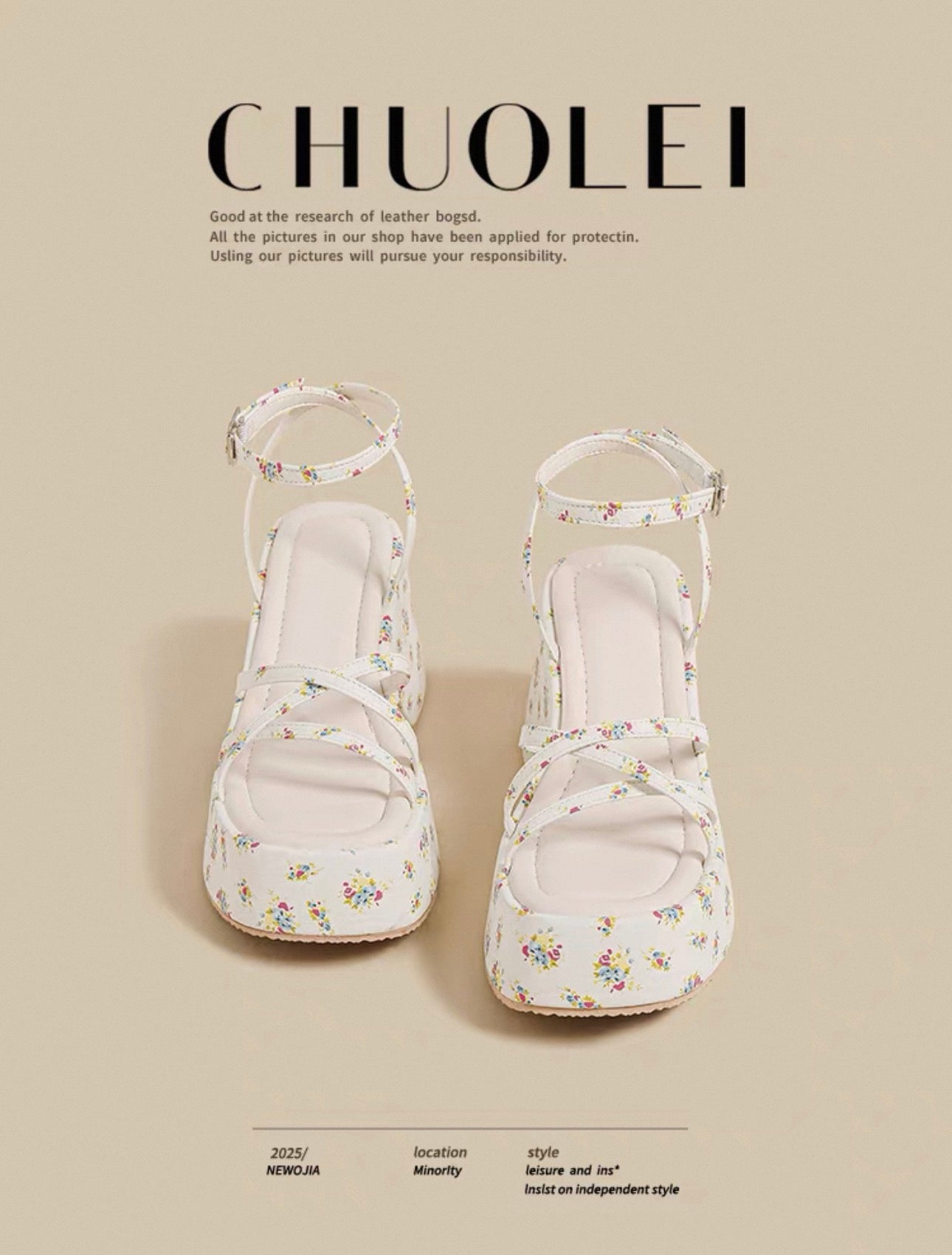 Pair of white floral sandals on a beige background with 'CHUOLEI' branding.