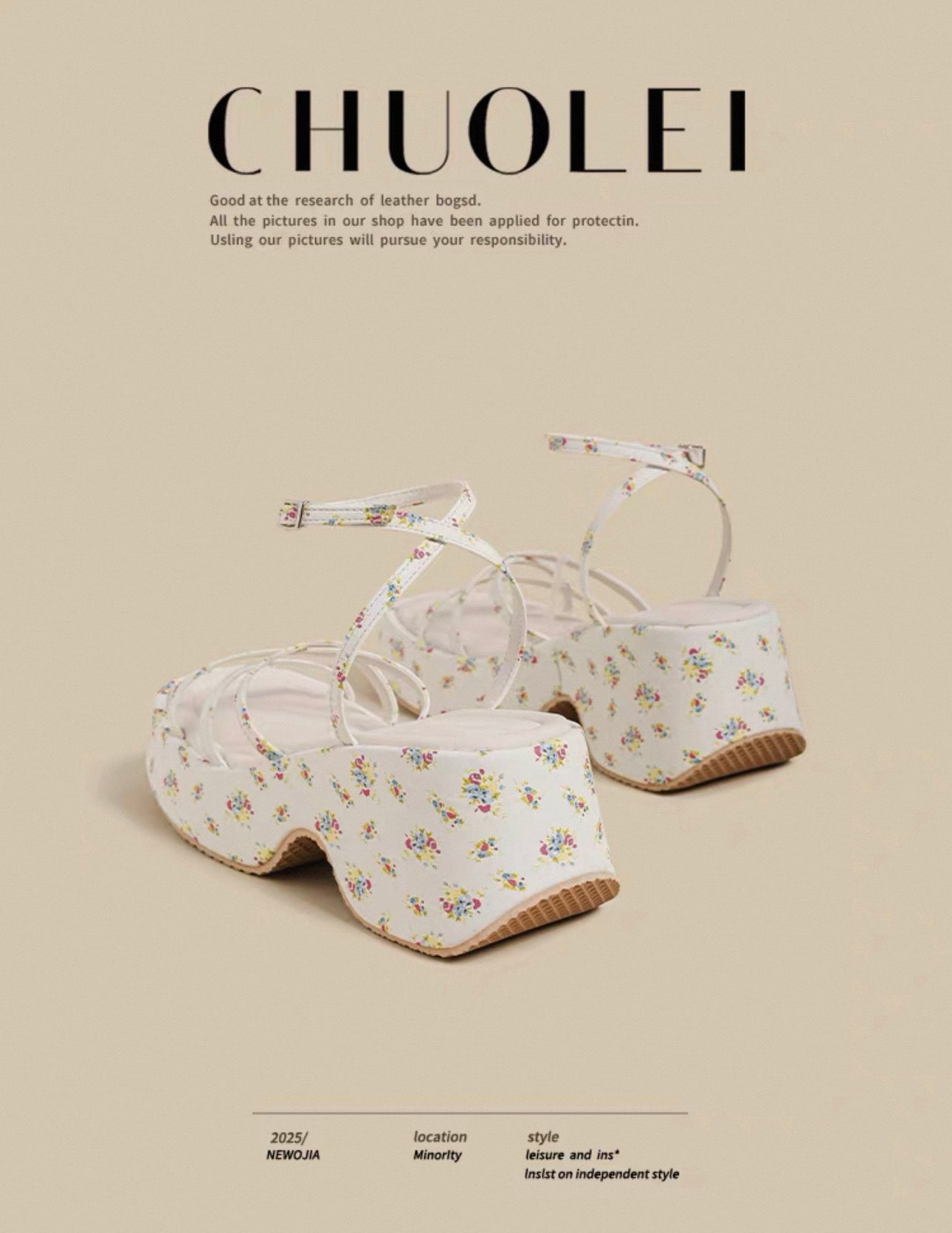 Pair of floral-patterned shoes on a beige background with 'CHUOLEI' branding.