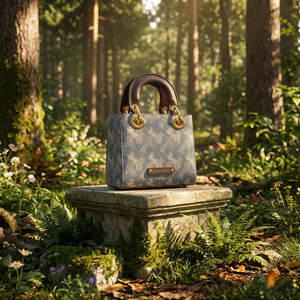 Designer handbag on a stone pedestal in a forest setting