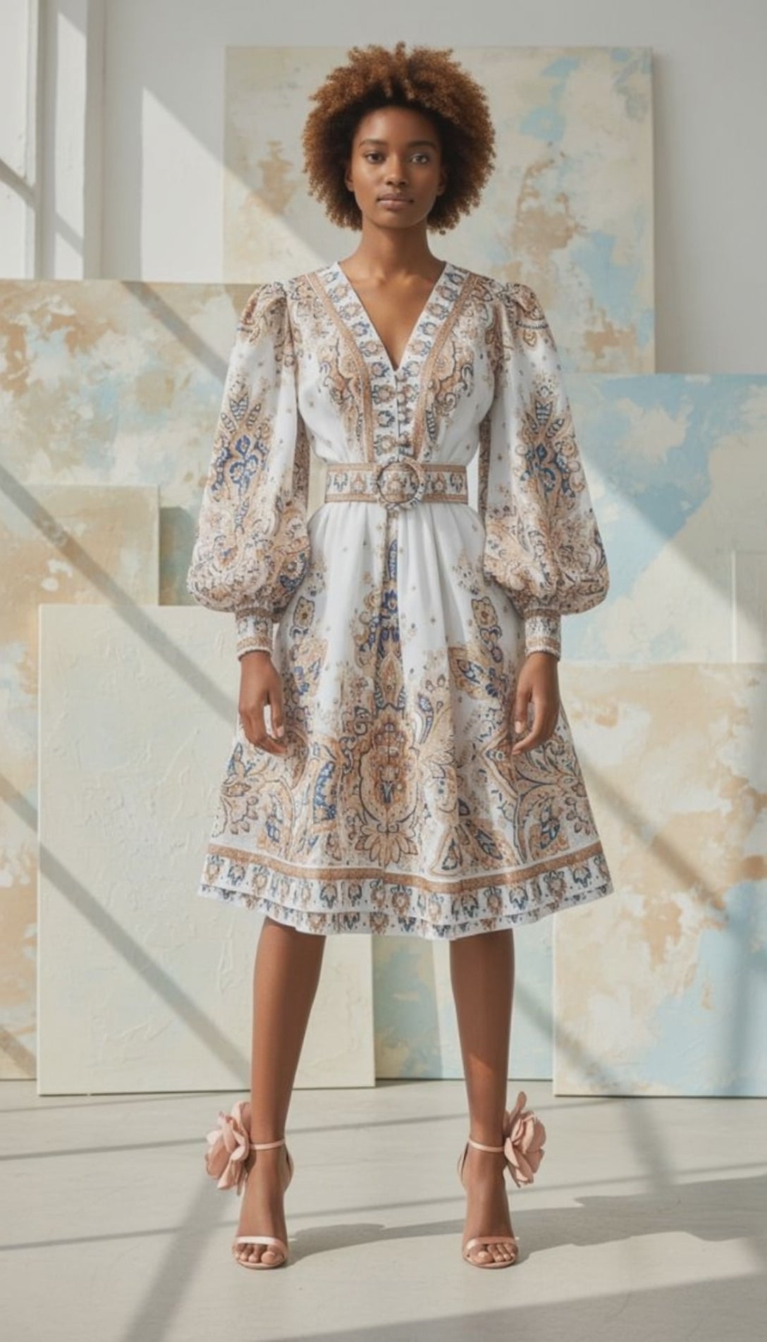 Spring French Retro Print Single-Breasted V-Neck Lantern Sleeve Waist-Cinching Mid-Length Dress for Petite Women Trendy