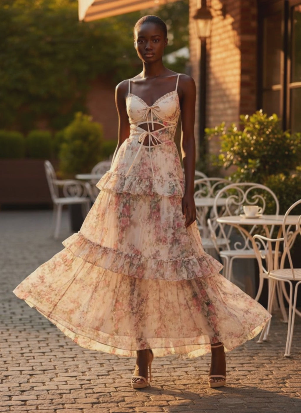 French-Style Lace-Up Hollow-Out Slip Dress for Women, Elegant Heavy-Duty Floral Vacation Dress