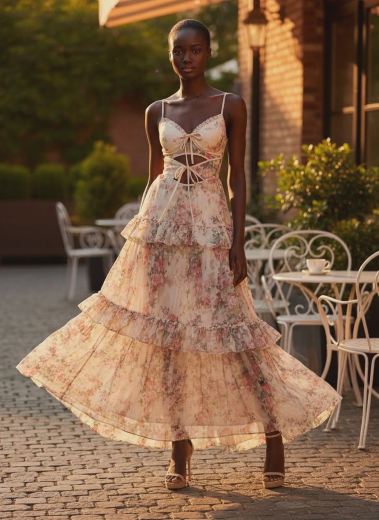 French-Style Lace-Up Hollow-Out Slip Dress for Women, Elegant Heavy-Duty Floral Vacation Dress