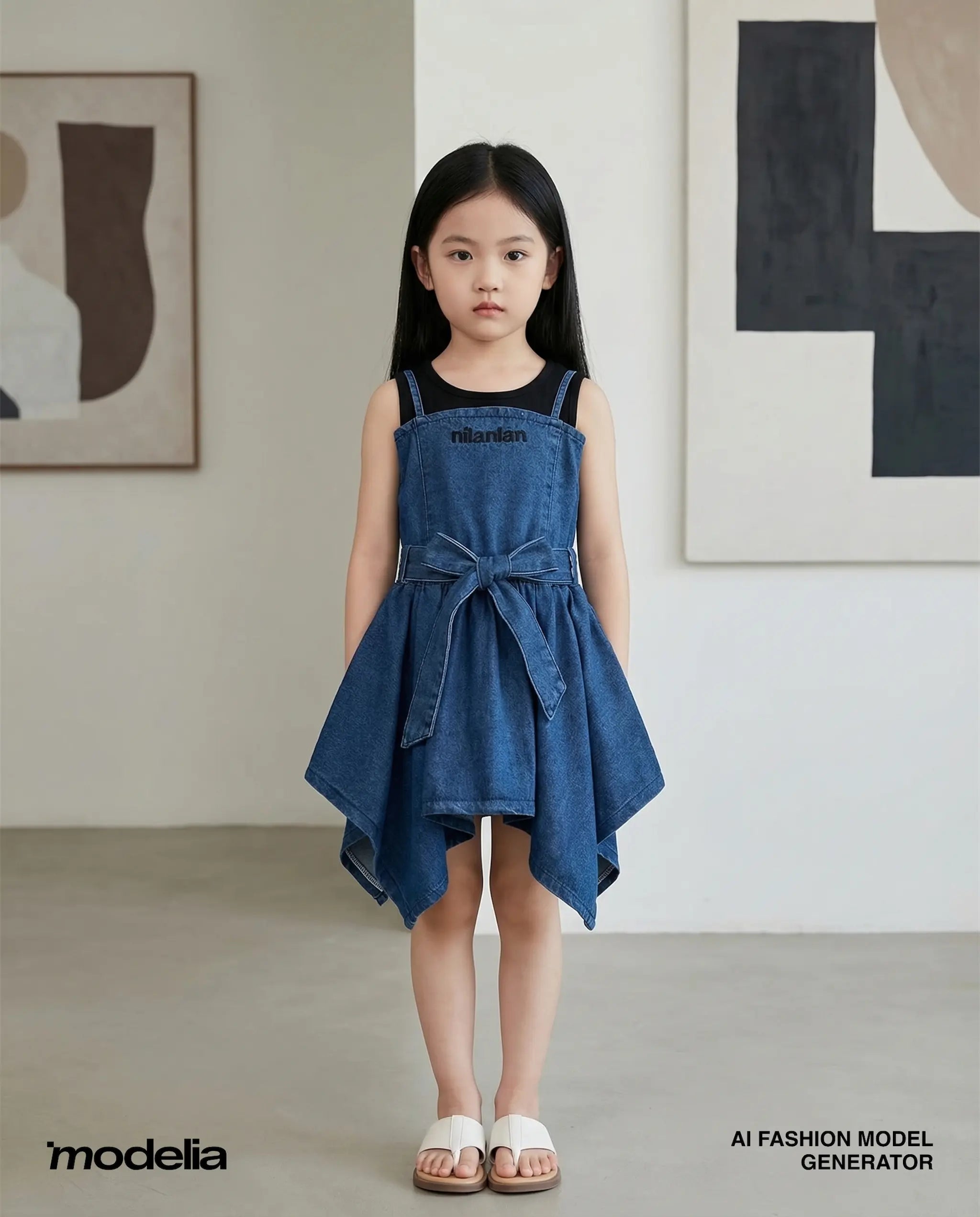 Young girl wearing a blue denim dress standing in a room with abstract art on the walls.