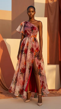 Model wearing a floral one-shoulder dress with a slit, standing against a warm-toned abstract background.