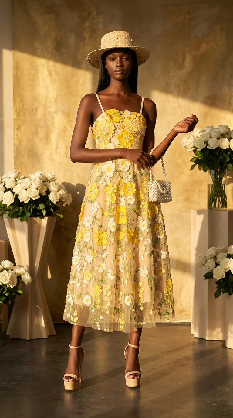 Woman in a yellow floral dress standing in a sunlit room with flowers around.