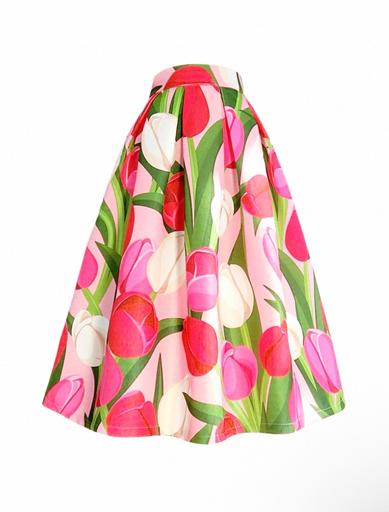 Floral skirt with pink, white, and green tulips on a white background