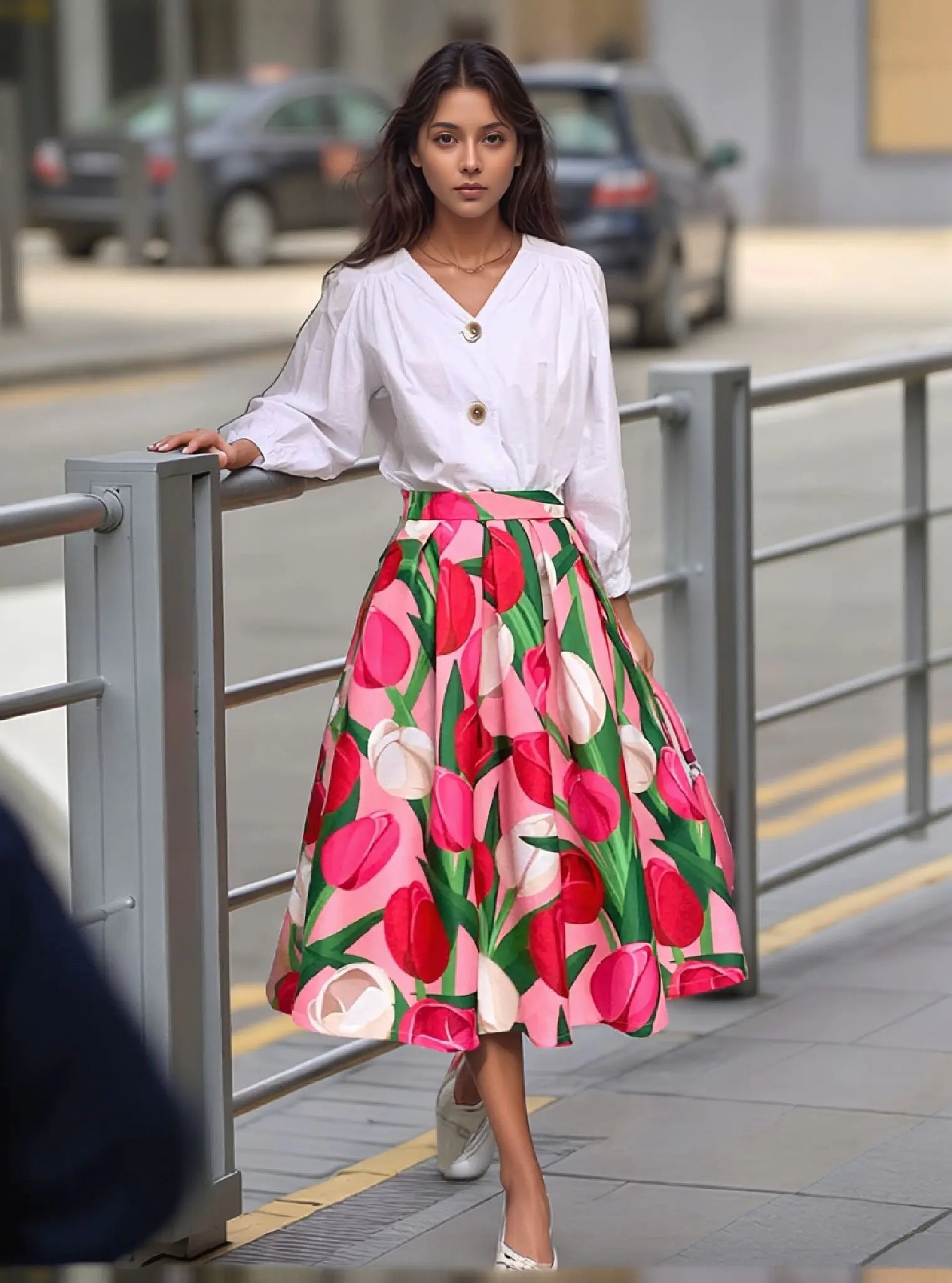 Woman wearing a white blouse and colorful floral skirt on a city street.